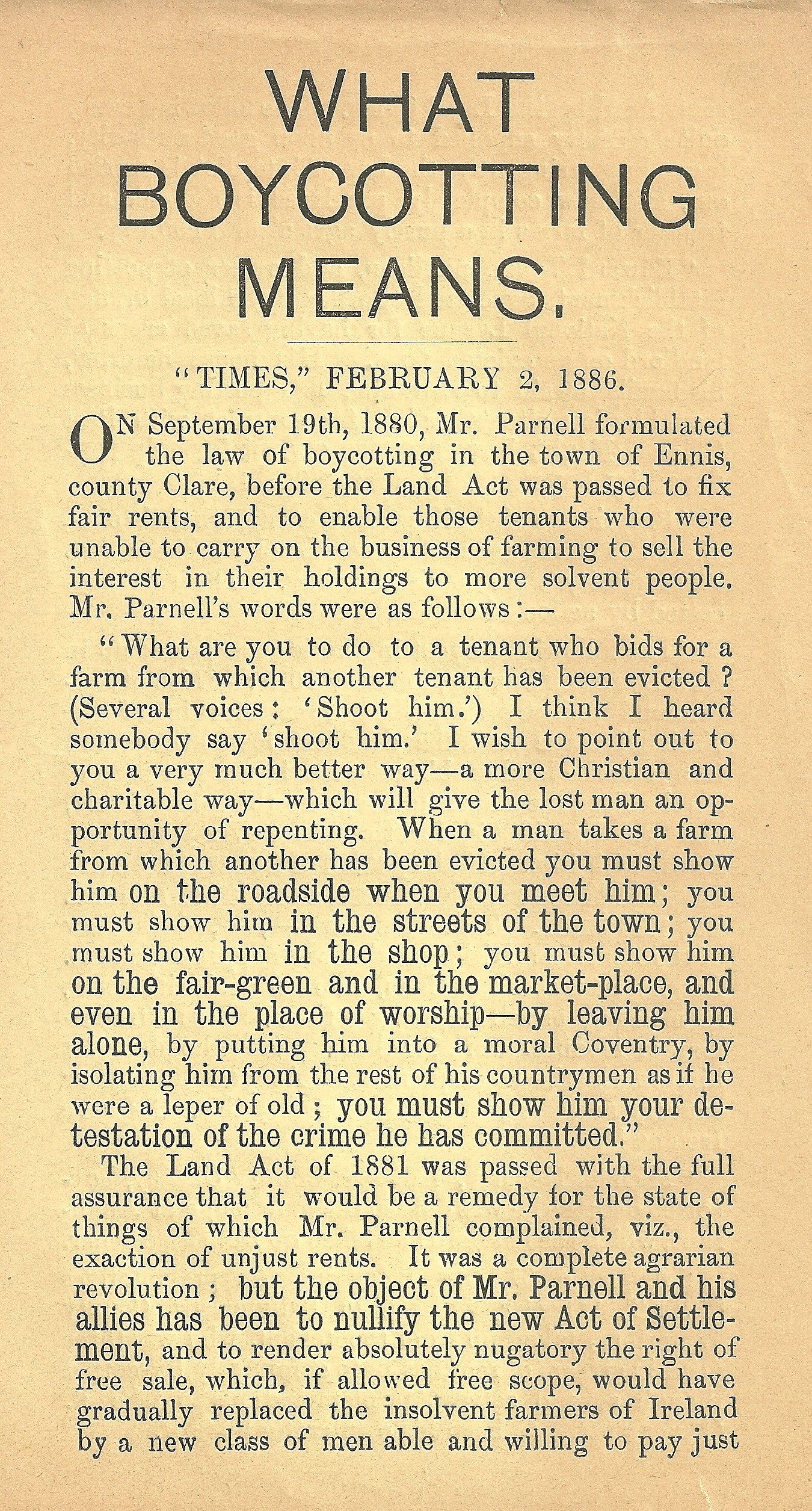 “What Boycotting Means” Anti Parnell leaflet from The Irish Loyal and